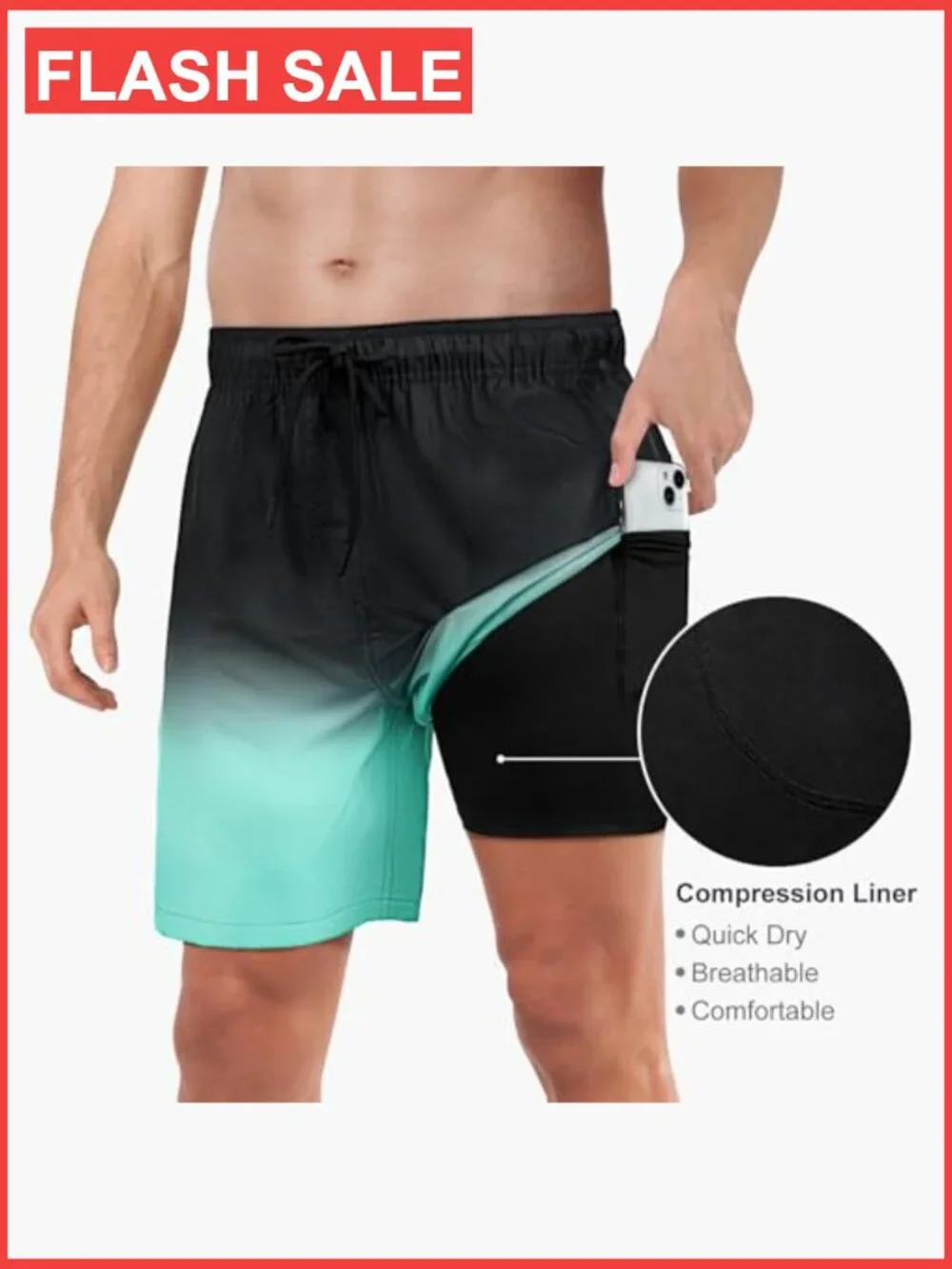 Mens Swim Trunks with Compression Liner 2 in 1 Quick Dry Shorts with Pockets